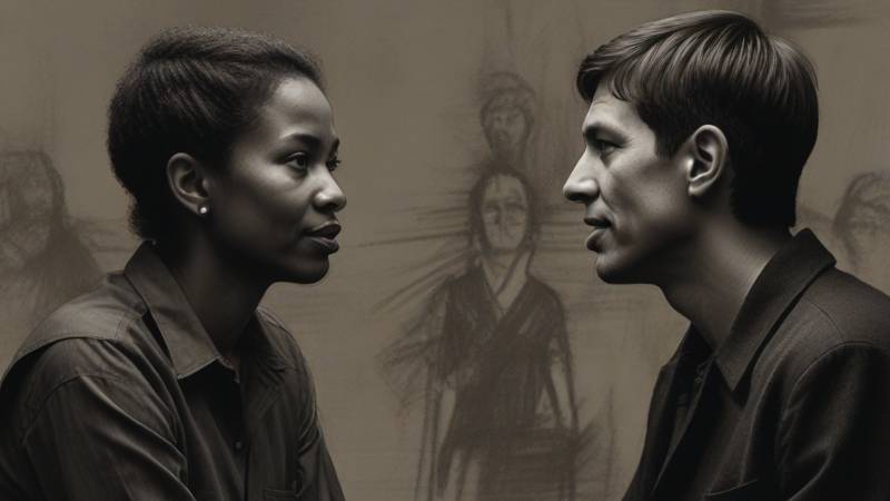 Create an image in the style of a charcoal sketch. image of two people having a respectful political discussion, with one person actively listening while the other speaks. The image conveys a sense of openness, understanding, and a willingness to engage in productive dialogue despite differing viewpoints.