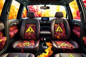 A 3D rendered image of a car interior, with colorful fumes emanating from the seats and dashboard, representing the harmful flame retardants detected in the cabin air. The image is accompanied by a warning symbol, emphasizing the potential health risks associated with exposure to these chemicals.