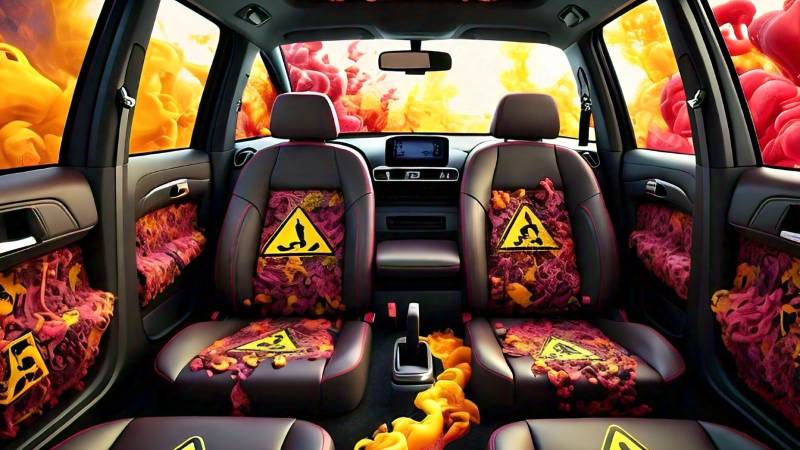 A 3D rendered image of a car interior, with colorful fumes emanating from the seats and dashboard, representing the harmful flame retardants detected in the cabin air. The image is accompanied by a warning symbol, emphasizing the potential health risks associated with exposure to these chemicals.