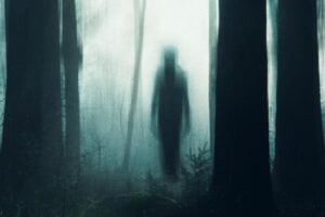 Nightmare looking scene of a lone figure in the woods