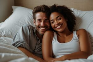 photo of a happy couple snuggling in bed on a lazy sunday morning