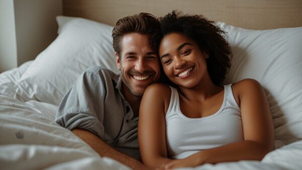 photo of a happy couple snuggling in bed on a lazy sunday morning