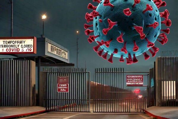 hiv virus superimposed over a border crossing where the gates are shut