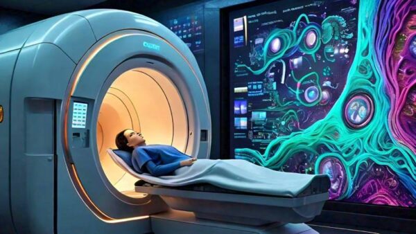 A computer-generated image showing a compact, low-power MRI scanner with a patient inside, surrounded by visual representations of deep learning algorithms and data. The image conveys the concept of accessible, deep learning-powered MRI technology