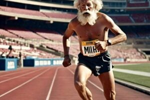 image of an old man with a long, white beard, running a 4-minute mile at a track