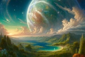 Giant planet in dreamy space scape