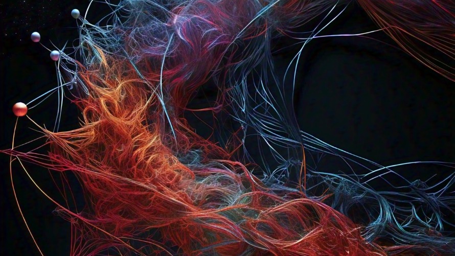 An AI-generated image showing a visual representation of quantum entanglement, with colorful, intertwined threads or particles on a dark background, symbolizing the complex connections and transformations described in the article.