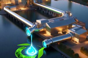 A 3D rendered image depicting a wastewater treatment plant with a futuristic, glowing pipeline leading to a clean water droplet and a green energy symbol, representing the transformation of sewage sludge into clean water and renewable energy.
