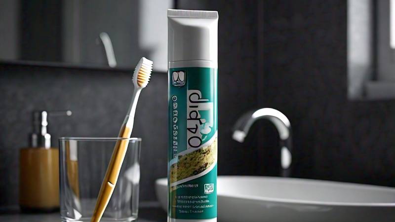toothbrush in a glass on a sink next to toothpaste tube