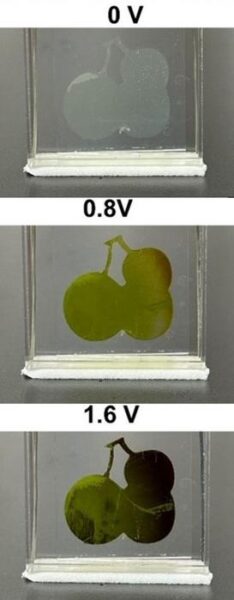 This electrochromic film’s color and optical properties change when the electric potential goes from 0 to 0.8 to 1.6 volts: Green helps reduce glare, and red enhances thermal insulation.