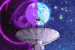 Artist’s depiction of CSIRO’s ASKAP radio telescope with two versions of the mysterious celestial object: neutron star or white dwarf