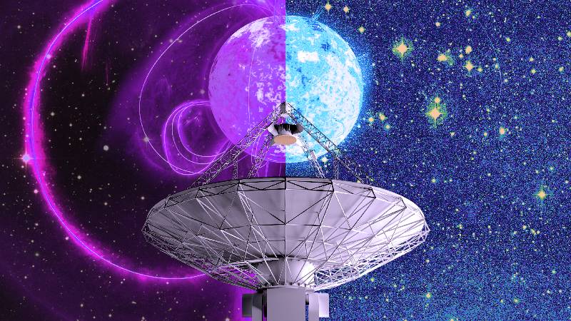 Artist’s depiction of CSIRO’s ASKAP radio telescope with two versions of the mysterious celestial object: neutron star or white dwarf