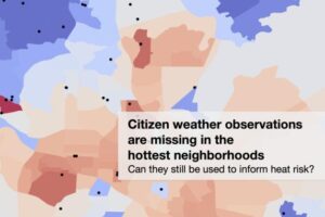 An artistic depiction of the hottest areas of Durham, North Carolina and where its weather stations are located. Note that the hottest areas of town have the fewest weather stations, leading to an underestimation of the temperatures in these areas.