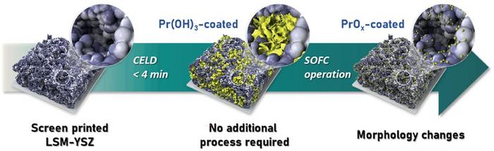 Schematic illustrations of the electrochemical coating process on LSM–YSZ electrode of SOFCs