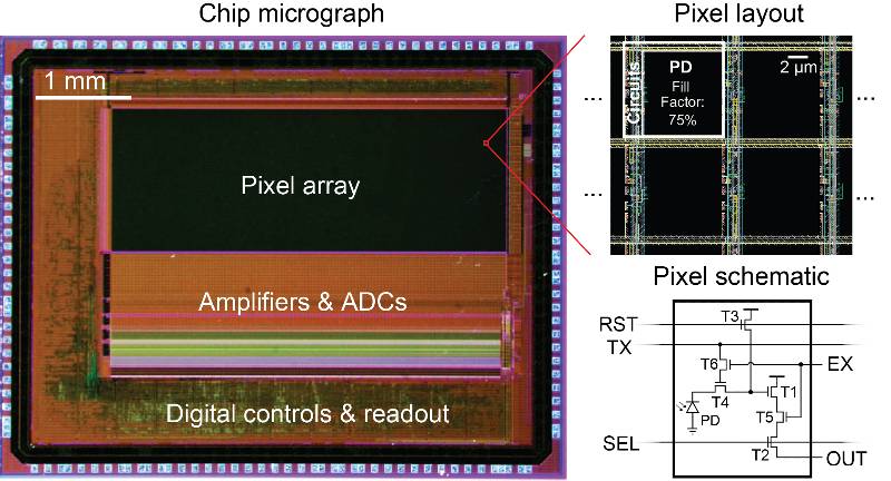 In this image adapted from the figures, the left side shows the chip micrograph, while the right side displays the pixel layout and schematics, highlighting each circuit element. The new pixel circuit uses only two additional transistors (T5 and T6) compared to the conventional CMOS pixel. This minimalist design allows for independent programming of pixel exposures without sacrificing photodiode area to the circuits, ensuring high sensitivity under low light conditions.