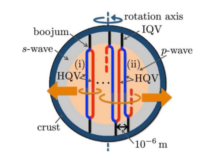 The image shows the quantum vortex network model proposed by the study authors. The p-wave inner core (pink) surrounds the s-wave outer core (grey).