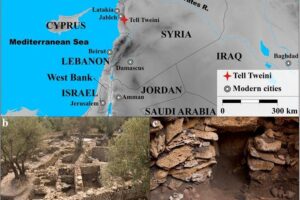 Map and photos of Tell Tweini. (a) Map of the Eastern Mediterranean showing the location of Tell Tweini in modern-day Syria. (b) Photo of Bronze and Iron Age houses from the Field A excavations (taken by Joachim Bretschneider). (c) Photo of Middle Bronze Age grave with Cypriote ceramics (taken by Joachim Bretschneider). (Map was generated using GMT 5.2.1. with the final layout created using Adobe Illustrator CC 2019 V.23.1.1.).