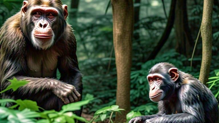 A lush, prehistoric forest in Bavaria, Germany, 11.6 million years ago. Two apes are depicted in a shared habitat, showcasing their distinct lifestyles.]