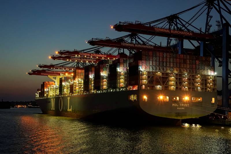 Container ship at night