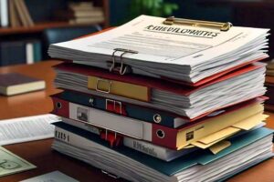 stack of documents sitting on a desktop