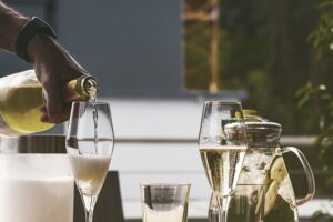 Alcoholic drinks lined up on a table