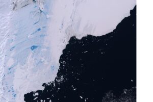 Pooled meltwater and slush on the Tracy Tremenchus Ice Shelf, which flows into the Southern Ocean. Contains modified Copernicus Sentinel data [2018], processed by Rebecca Dell