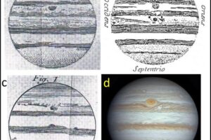 Illustrations by the 17th-century astronomer Cassini (a-c), compared with Jupiter's current Great Red Spot as captured by Eric Sussenbach in 2023.