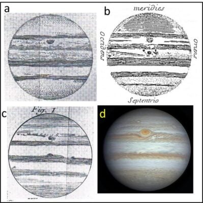 Illustrations by the 17th-century astronomer Cassini (a-c), compared with Jupiter's current Great Red Spot as captured by Eric Sussenbach in 2023.
