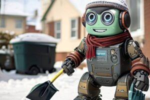 A friendly robot shoveling snow