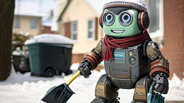 A friendly robot shoveling snow