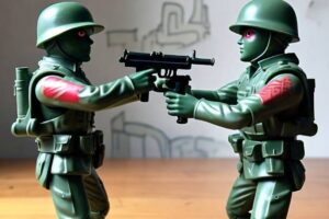 two green plastic army man toys facing each other with guns drawn
