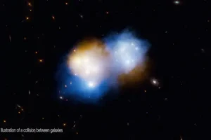 This artist's concept shows what happened when two massive clusters of galaxies, collectively known as MACS J0018.5, collided: The dark matter in the galaxy clusters (blue) sailed ahead of the associated clouds of hot gas, or normal matter (orange). Both dark matter and normal matter feel the pull of gravity, but only the normal matter experiences additional effects like shocks and turbulence that slow it down during collisions.