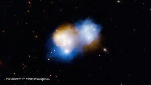 This artist's concept shows what happened when two massive clusters of galaxies, collectively known as MACS J0018.5, collided: The dark matter in the galaxy clusters (blue) sailed ahead of the associated clouds of hot gas, or normal matter (orange). Both dark matter and normal matter feel the pull of gravity, but only the normal matter experiences additional effects like shocks and turbulence that slow it down during collisions.