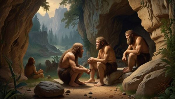 Artist's impression of Denisovan family near cave opening