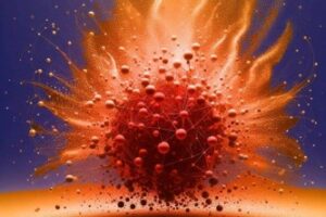 Artist’s depiction of the spray of particles arising from the collision of two heavy atoms. As the hot subatomic soup cools, newly formed particles shower off into space.