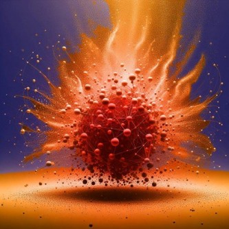 Artist’s depiction of the spray of particles arising from the collision of two heavy atoms. As the hot subatomic soup cools, newly formed particles shower off into space.