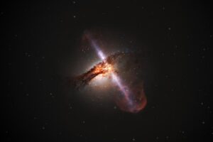 An artist’s impression showing bi-polar jets of gas originating from a supermassive black hole at the centre of a galaxy.