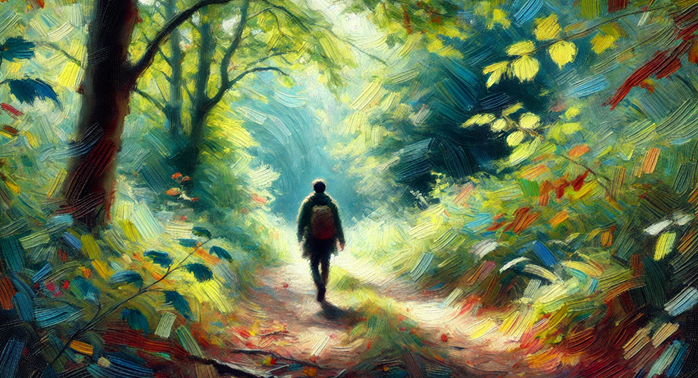 Illustration of a person walking down a forest path
