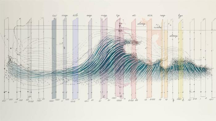 Hengen's artistic interpretation of the varied brain wave patterns that produce the fundamental states of sleep and wake.