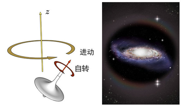 This image shows two panels side by side. The right panel illustrates a spinning top precessing due to gravitational force. The left panel depicts the Galactic disk warp, which behaves similarly to the spinning top. The warp moves in a graceful pattern under the influence of the dark matter halo's gravitational pull. This illustration was created by HOU Kaiyuan and DONG Zhanxun from Shanghai Jiao Tong University.