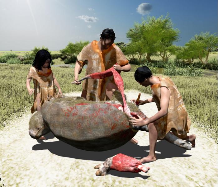 A computer-generated image (3D rendering) shows what the scene of a possible butchering event might have looked like in the past. This image is based on the work of a paleoartist who studied real fossils. The artist used the size and shape of the fossils to create 3D models of the animals and their environment. Then, they used special computer techniques (3D digital scanning and texturing by projection) to add details and textures to the models, making the scene look realistic.