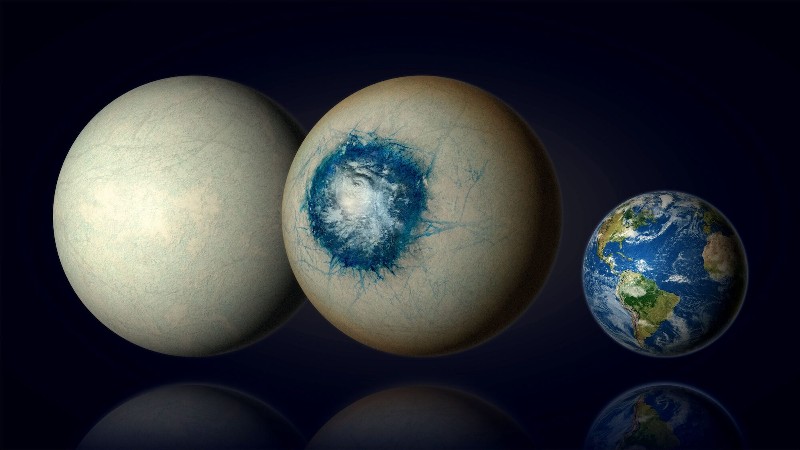 Temperate exoplanet LHS 1140 b may be a world completely covered in ice (left) similar to Jupiter’s moon Europa or be an ice world with a liquid substellar ocean and a cloudy atmosphere (centre). LHS 1140 b is 1.7 times the size of our planet Earth (right) and is the most promising habitable zone exoplanet yet in our search for liquid water beyond the Solar System. Image credit: B. Gougeon/Université de Montréal