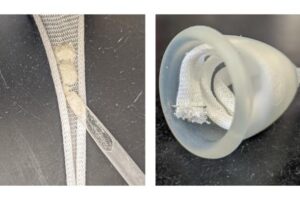 A cotton gauze stockinette coil that is filled with the powdered biomaterial (at left). The powder-filled coil is then inserted in a menstrual cup (at right).