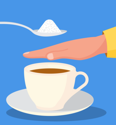 Illustration of a hand blocking sugar from coffee cup