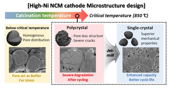 A schematic of the microstructure evolution of high-nickel cathode materials with synthesis temperature, and a strategy for synthesizing single crystals at a critical temperature.