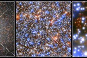 The likely position of Omega Centauri star cluster’s intermediate black hole. From left to right, each panel zooms in closer to the system.