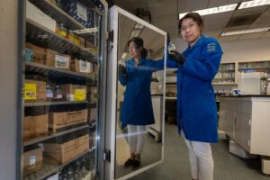 UC Riverside associate professor Yujie Men at an incubator filled with bacteria cultures bottles.