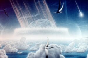 Artist's impression of the asteroid slamming into tropical, shallow seas of the sulfur-rich Yucatán Peninsula in what is today Southeast Mexico. The aftermath of the asteroid collision, which occurred approximately 66 million years ago, is believed to have caused the mass extinction of non-avian dinosaurs and many other species on Earth. The impact spewed hundreds of billions of tons of sulfur into the atmosphere, producing a worldwide blackout and freezing temperatures which persisted for at least a decade.