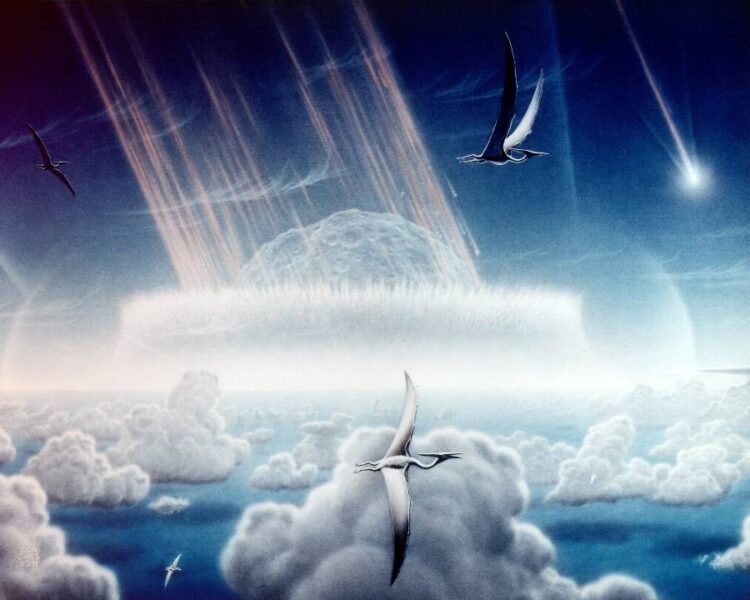 Artist's impression of the asteroid slamming into tropical, shallow seas of the sulfur-rich Yucatán Peninsula in what is today Southeast Mexico. The aftermath of the asteroid collision, which occurred approximately 66 million years ago, is believed to have caused the mass extinction of non-avian dinosaurs and many other species on Earth. The impact spewed hundreds of billions of tons of sulfur into the atmosphere, producing a worldwide blackout and freezing temperatures which persisted for at least a decade.