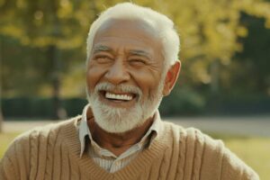 Aging man smiling on a park bench